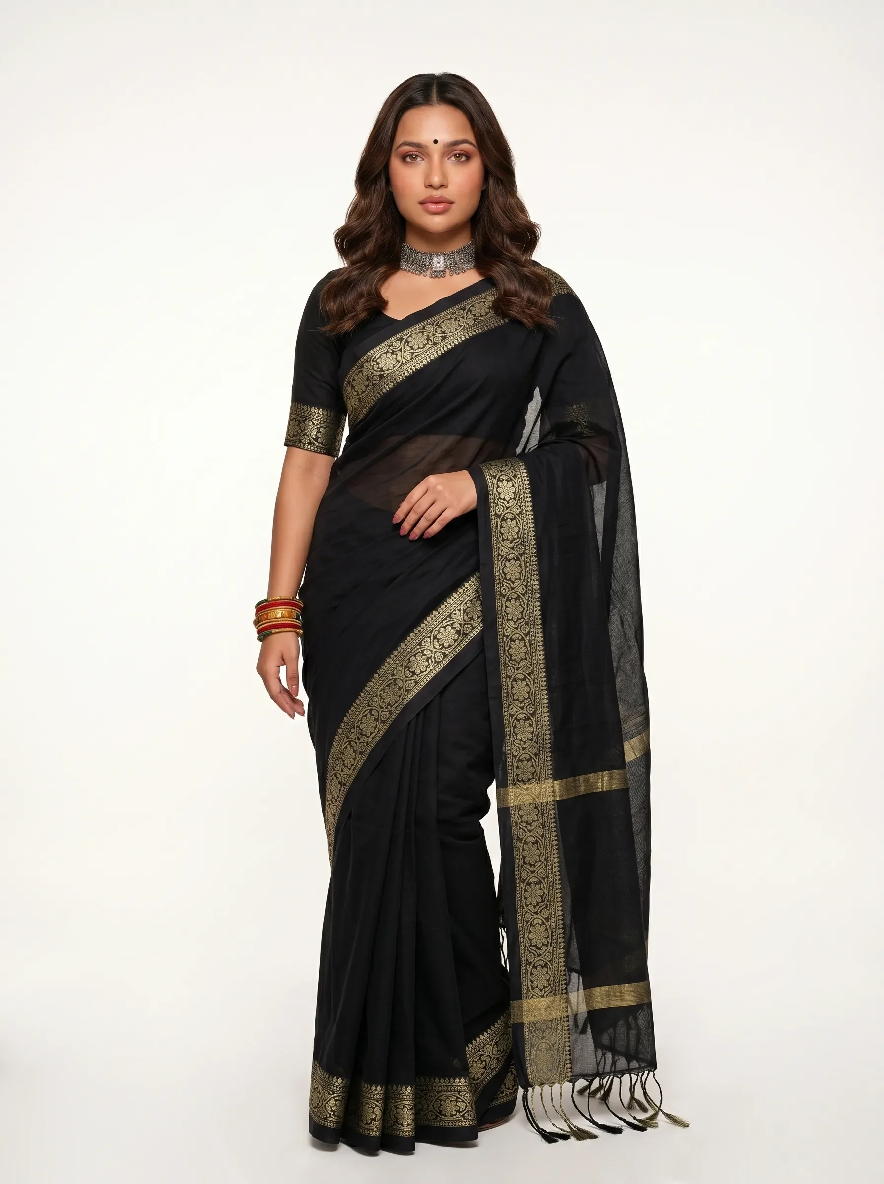 Black Chiffon Silk Saree with Gold Zari Border
