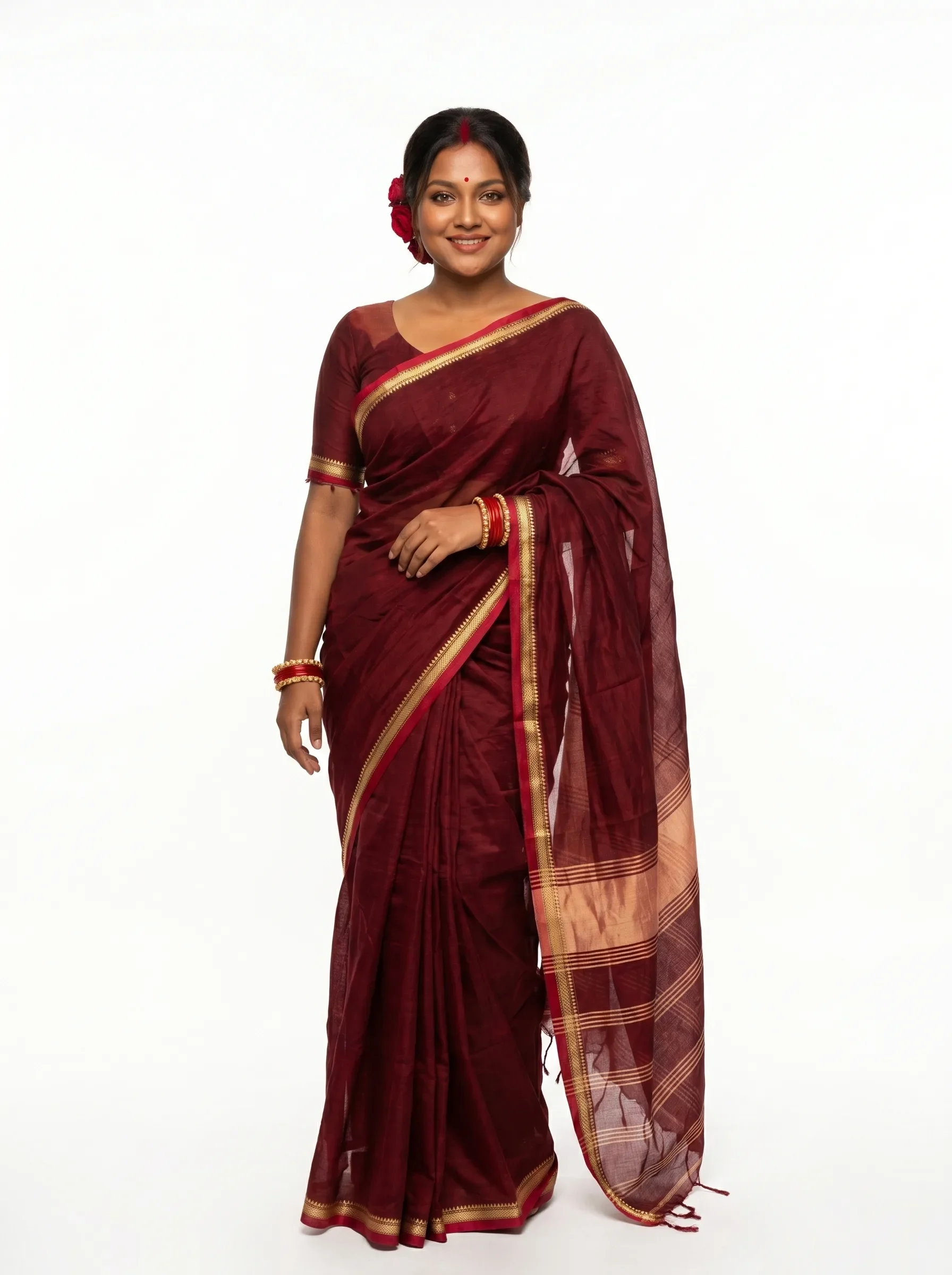 Crimson Silk Saree with Gold Border
