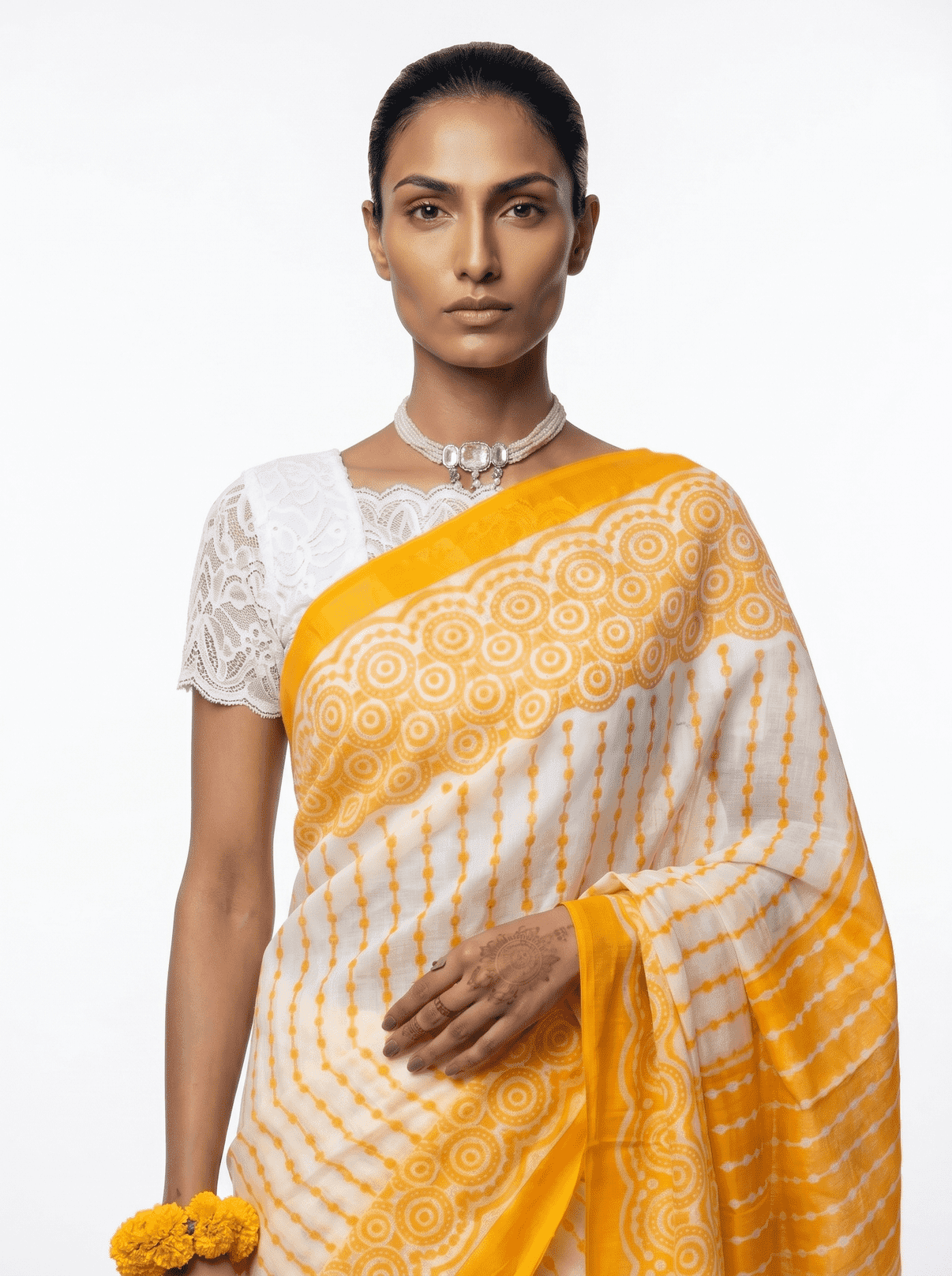 Elegant Cotton Printed Saree – Mustard Ivory Edition