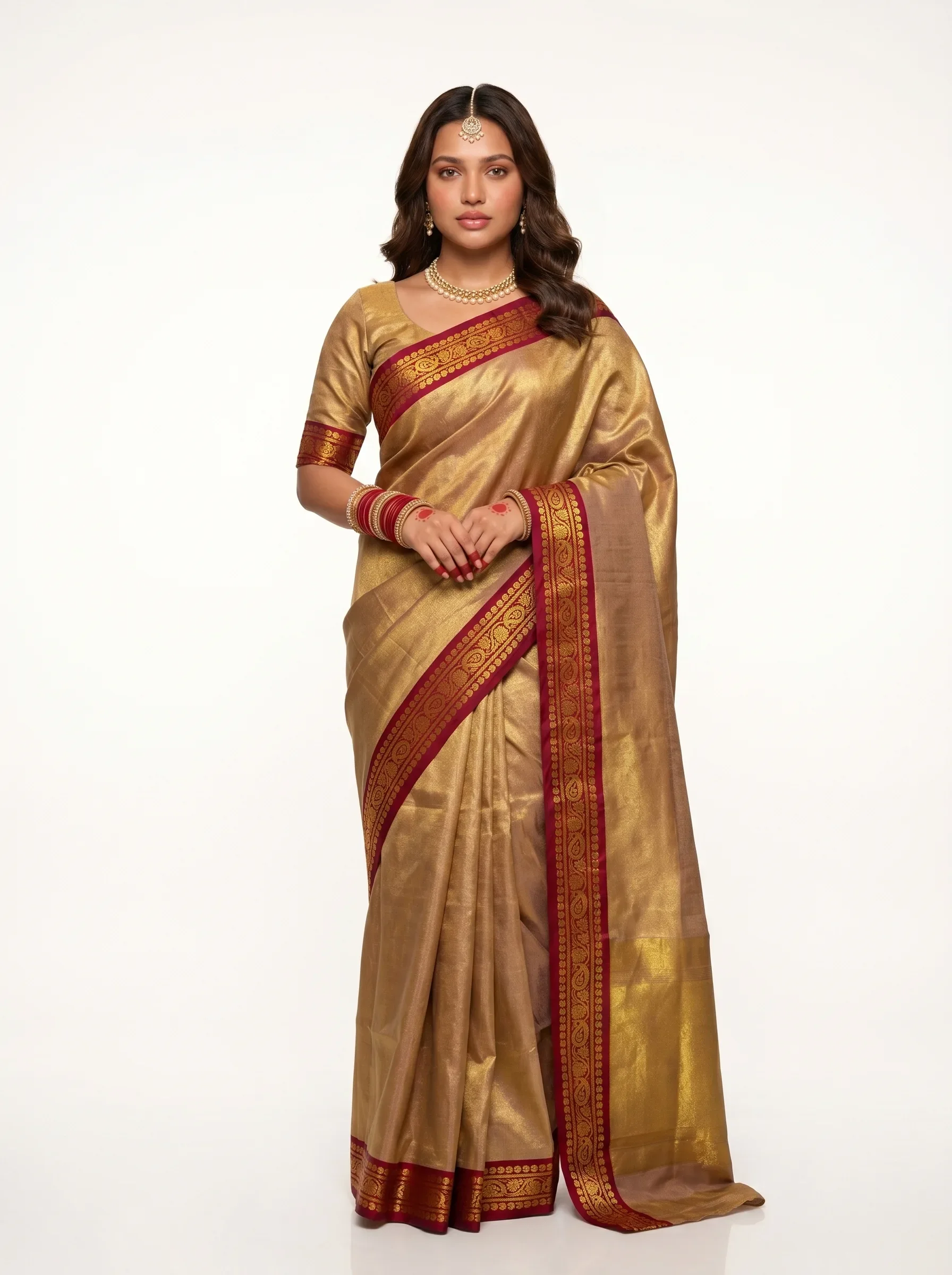 Golden Silk Saree with Red Zari Border