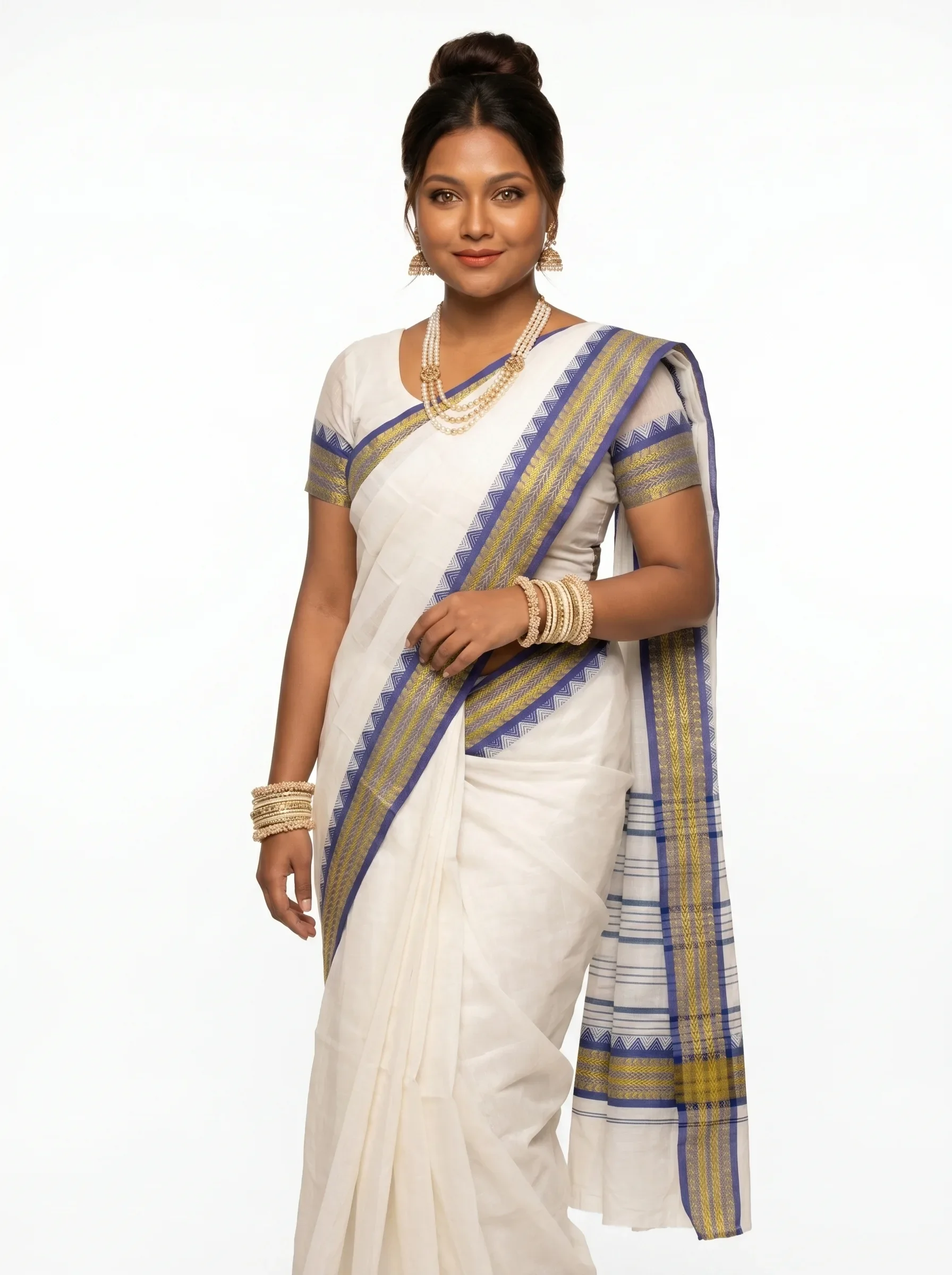 Ivory Grace Cotton Saree with Temple Border