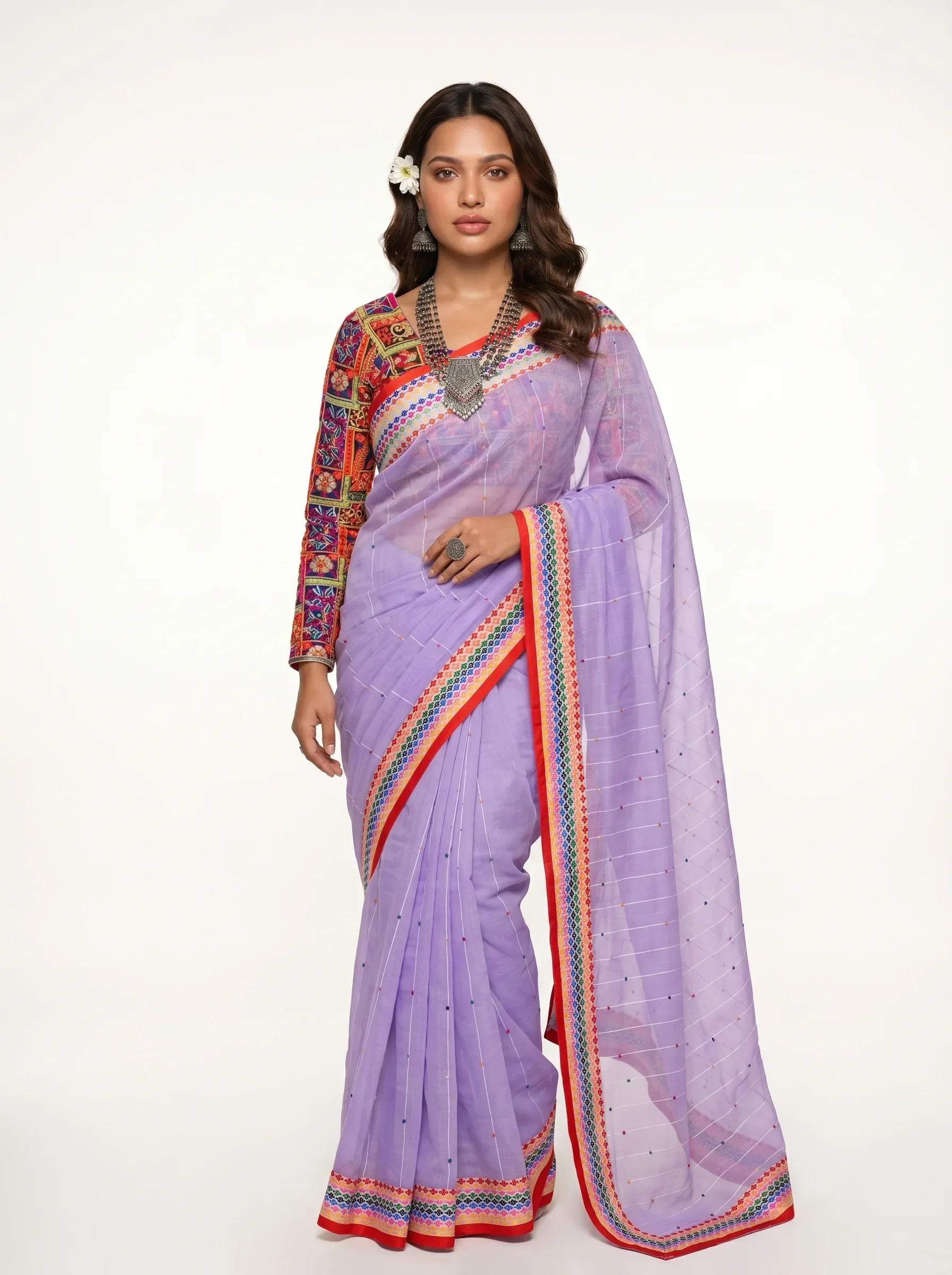 Lavender Organza Silk Saree with Multicolor Border