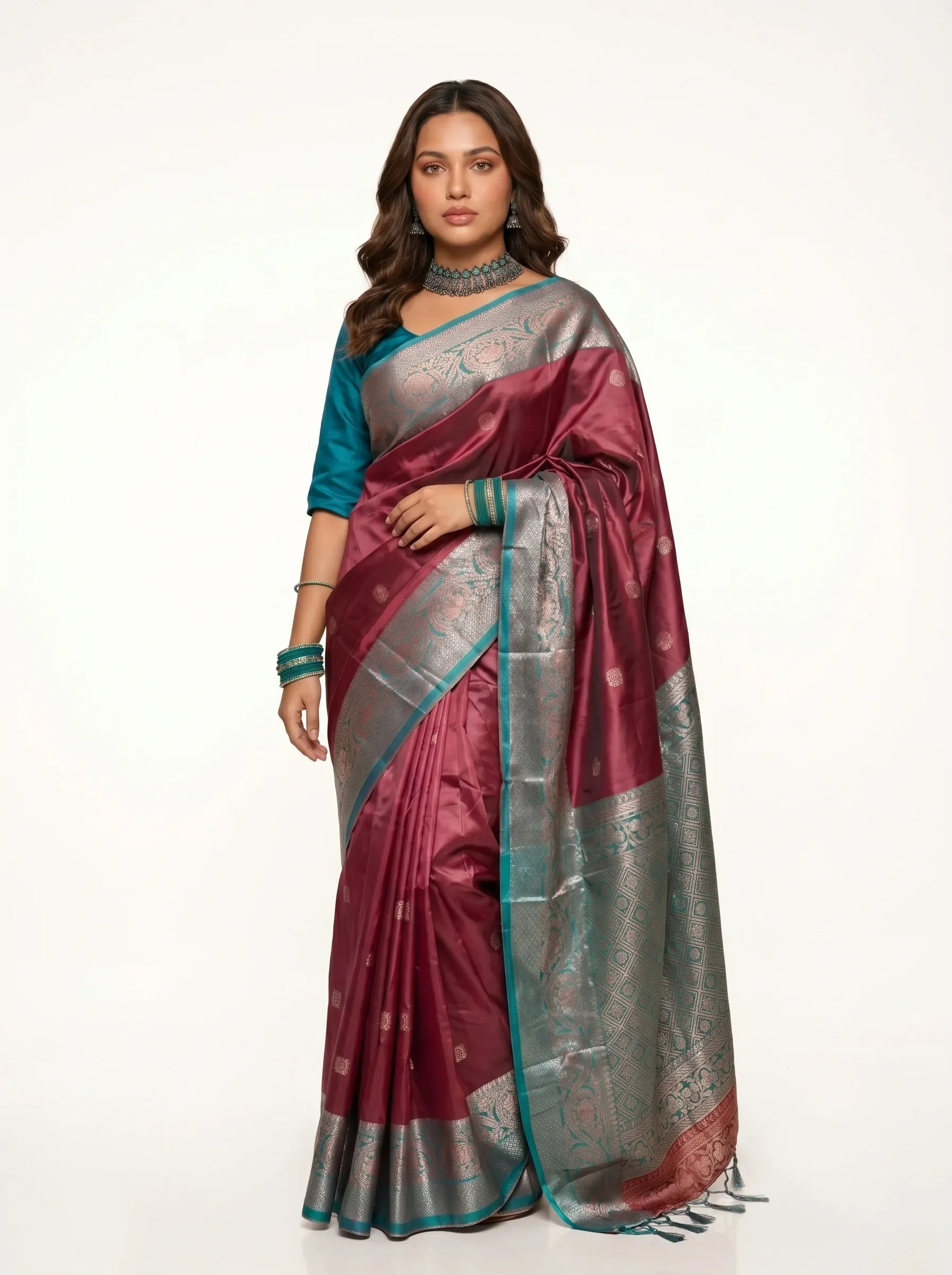 Maroon Silk Saree with Teal Zari Border