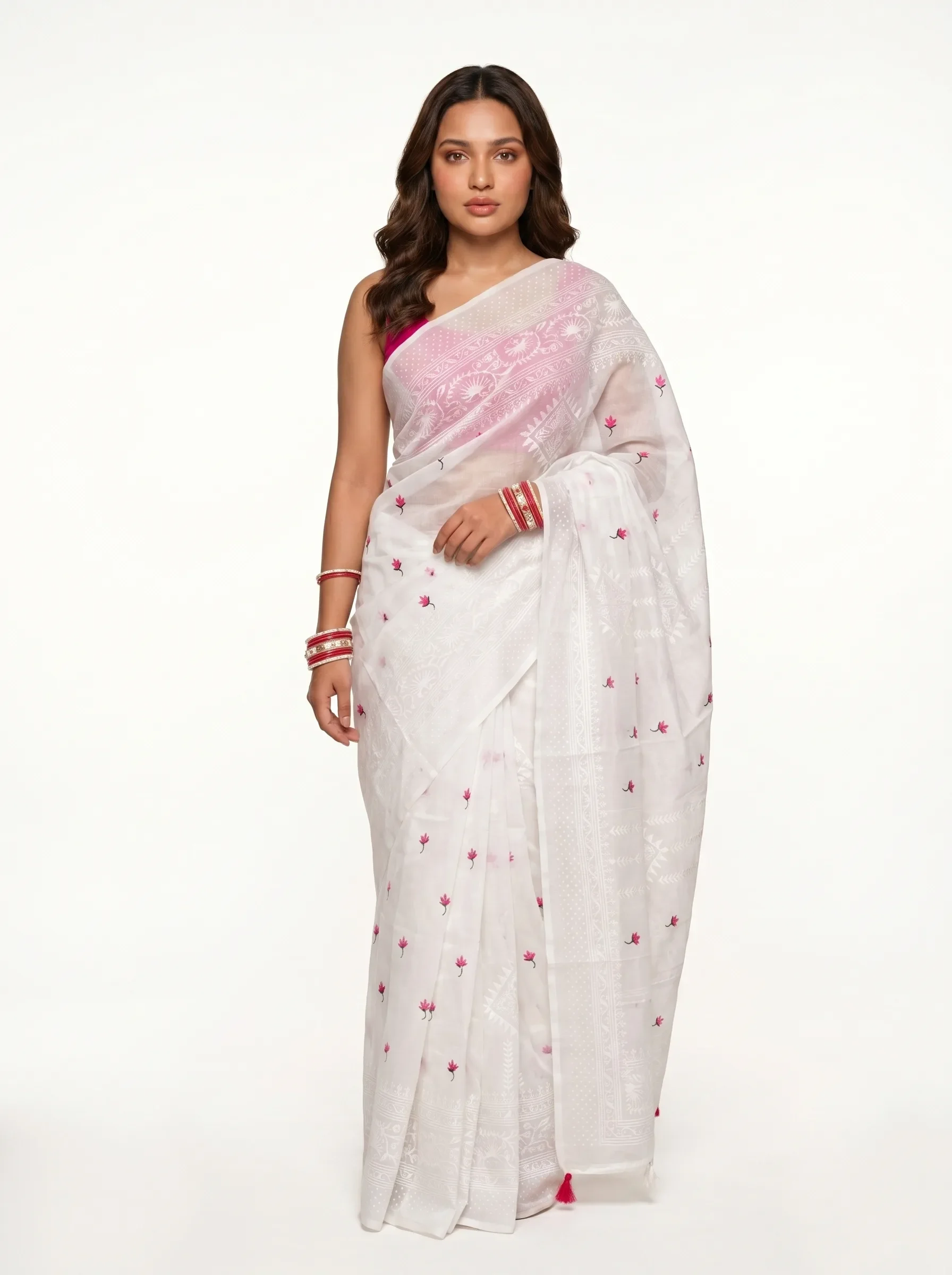 Off White Cotton Silk Saree with Pink Floral Buti
