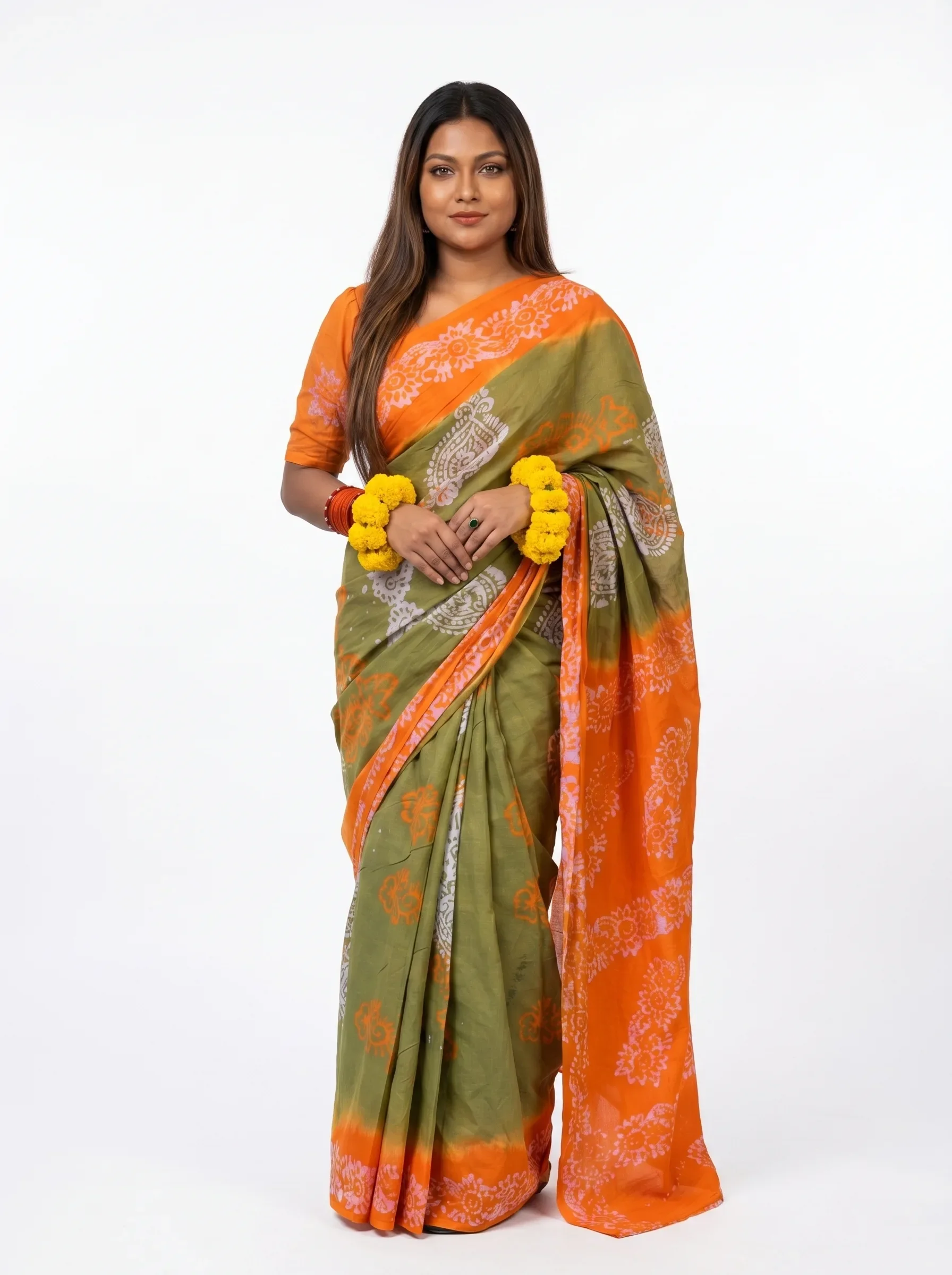 Olive Green & Orange Printed Cotton Saree