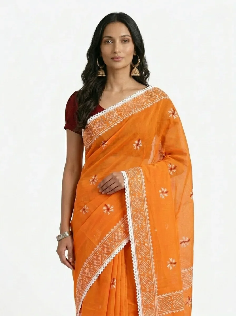 Orange Cotton Printed Saree – Floral Border Edition