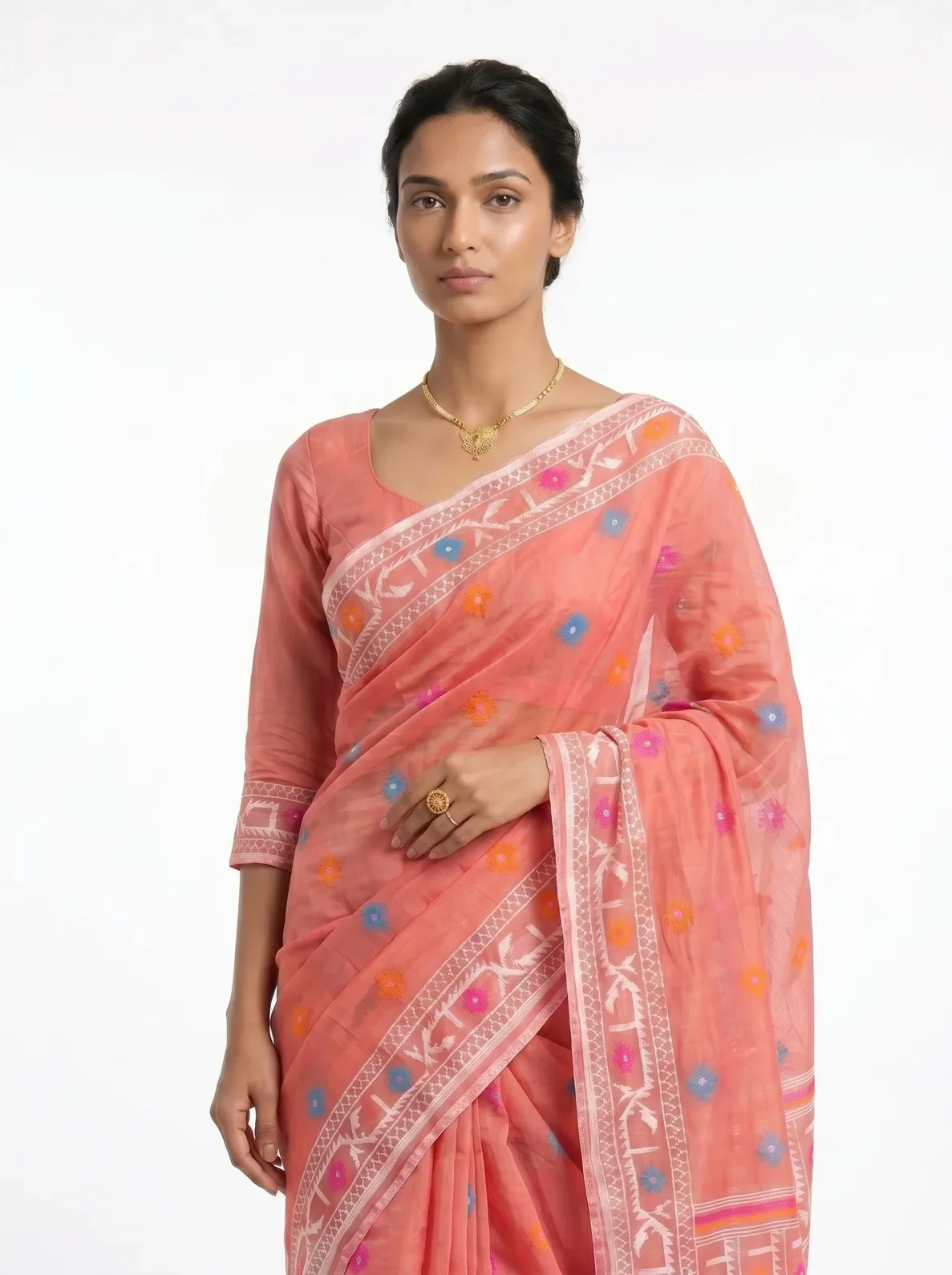 Peach Organza Saree – Floral Motif Edition
