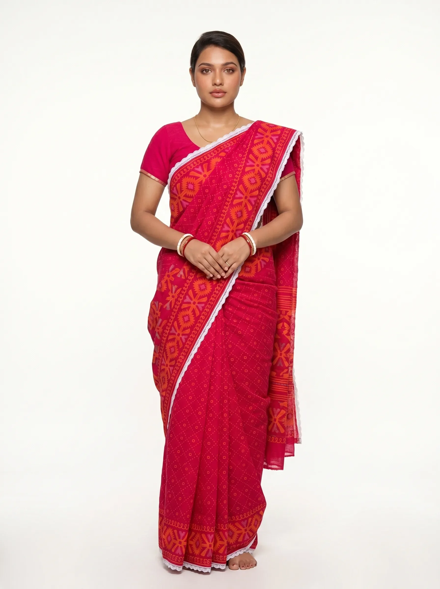 Red Cotton Printed Saree with Contrast Border