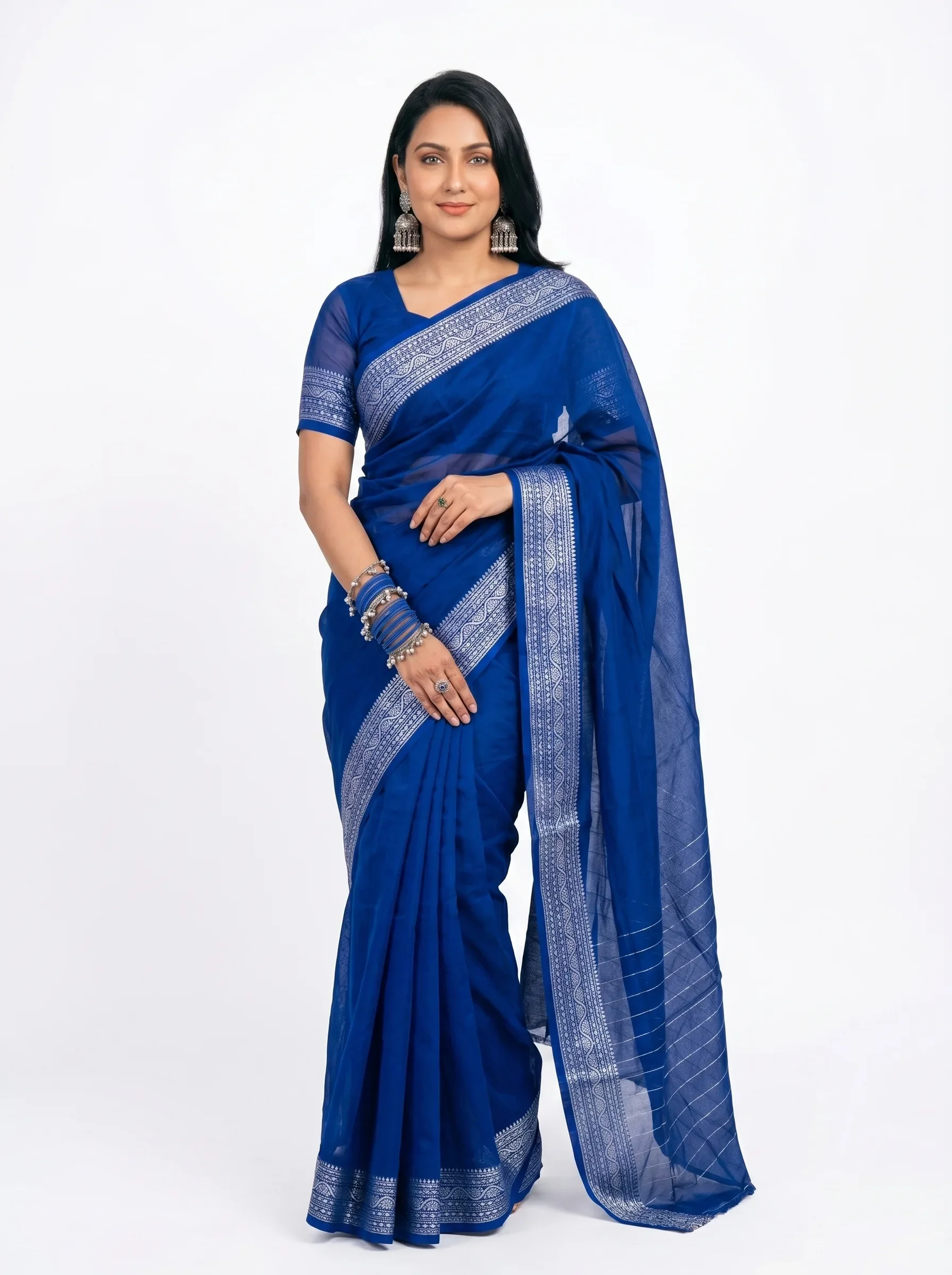 Royal Blue Georgette Saree – Silver Border Edition