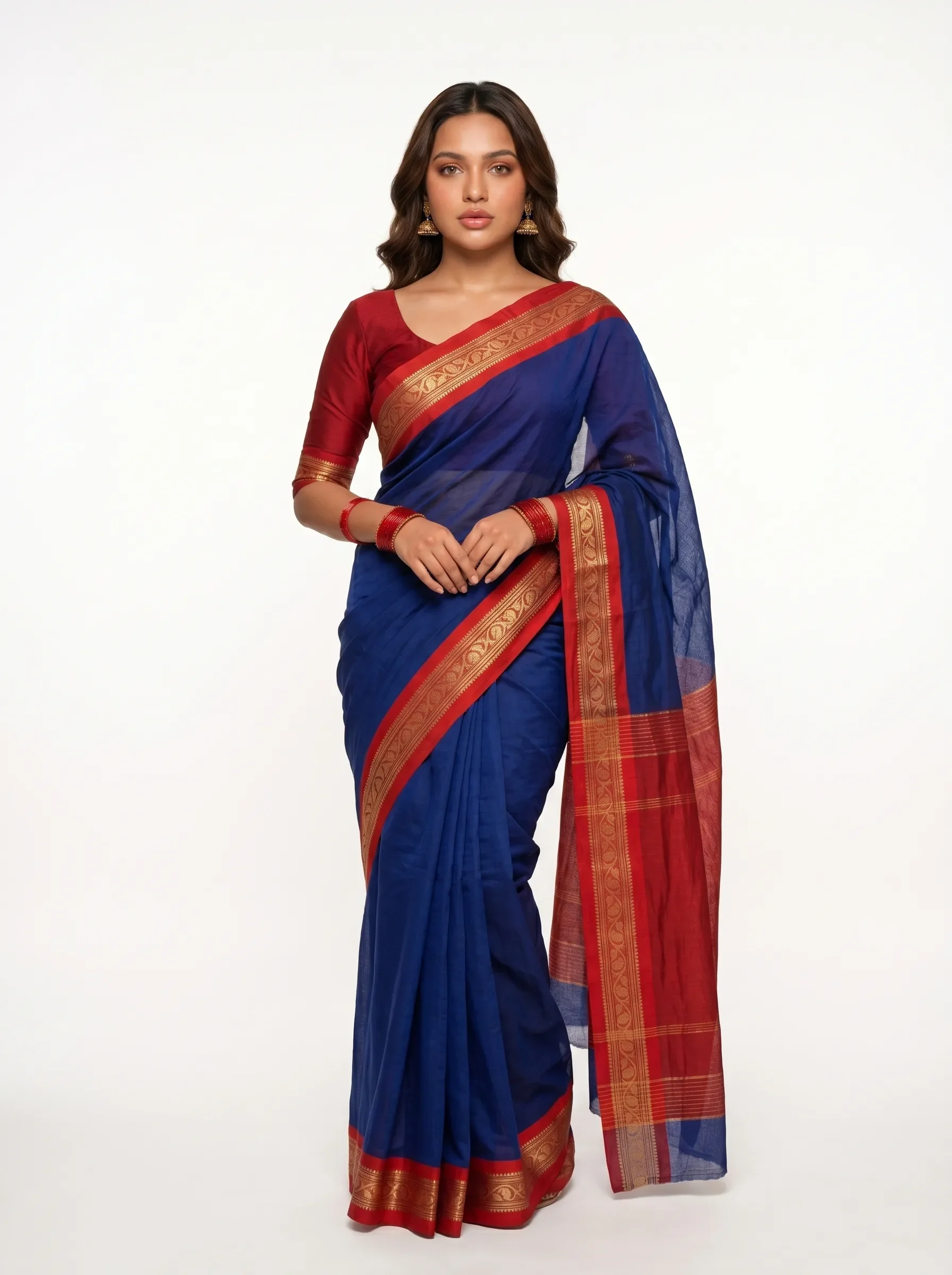 Royal Blue Maslich Cotton Saree with Red Zari Border