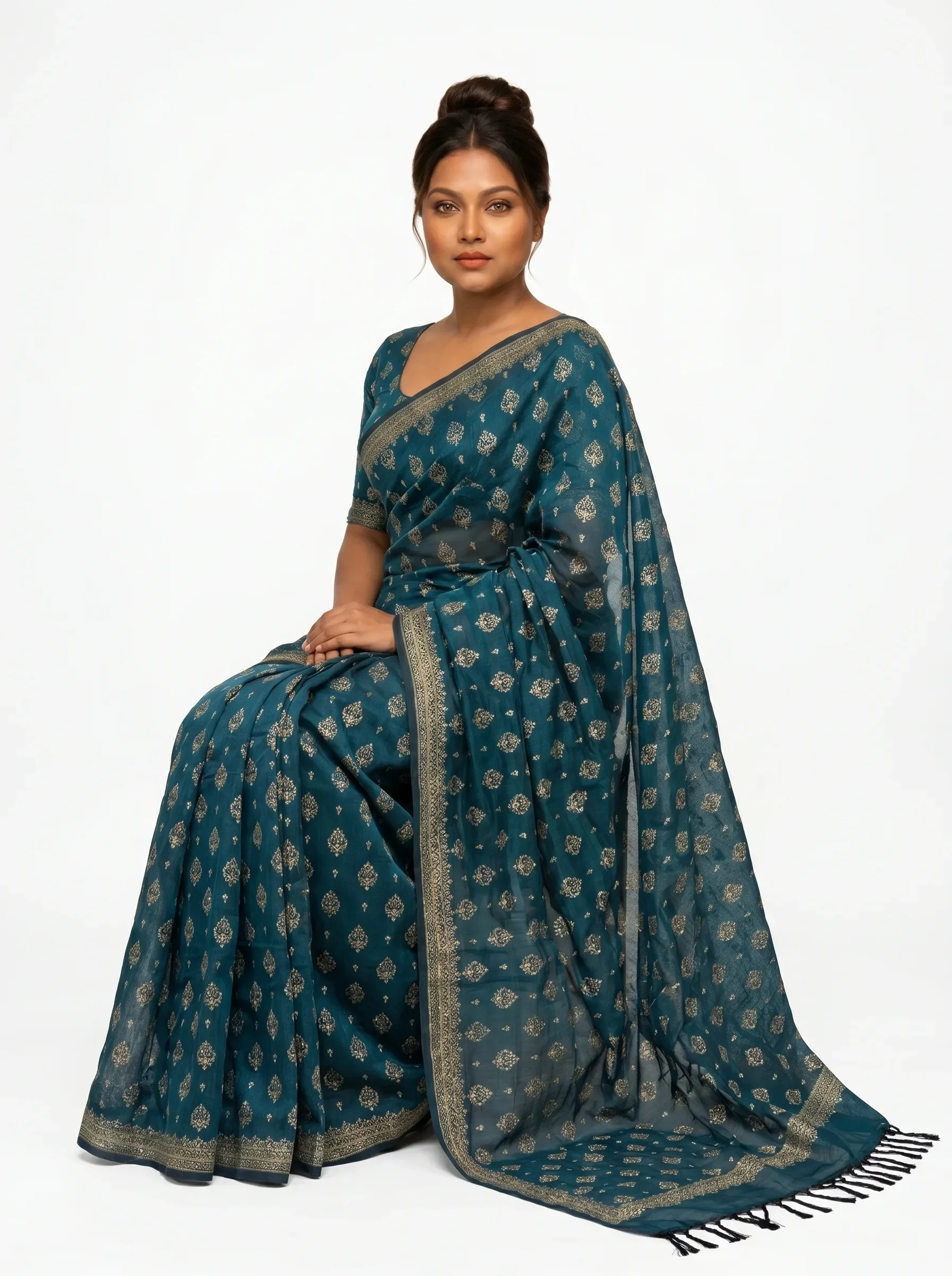 Teal Bloom Silk Saree with Gold Motifs