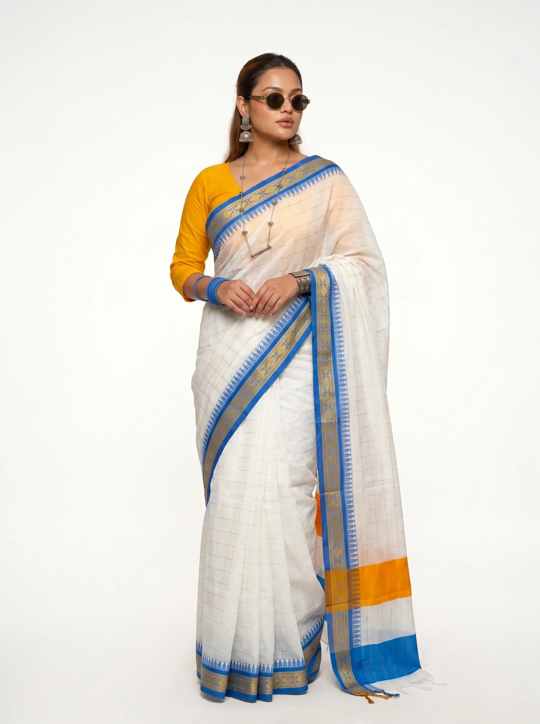 White Cotton Saree with Blue Zari Border