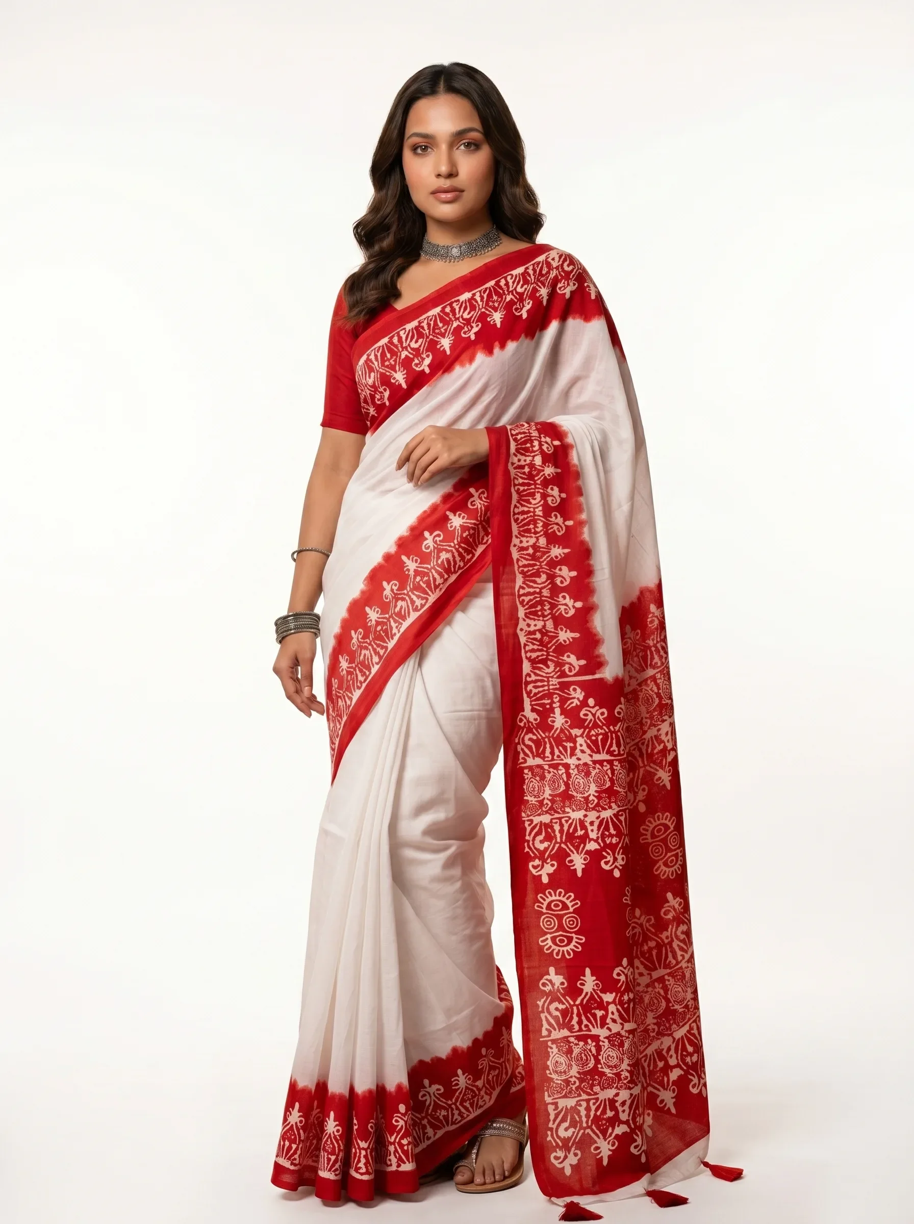 White Cotton Saree with Red Printed Border