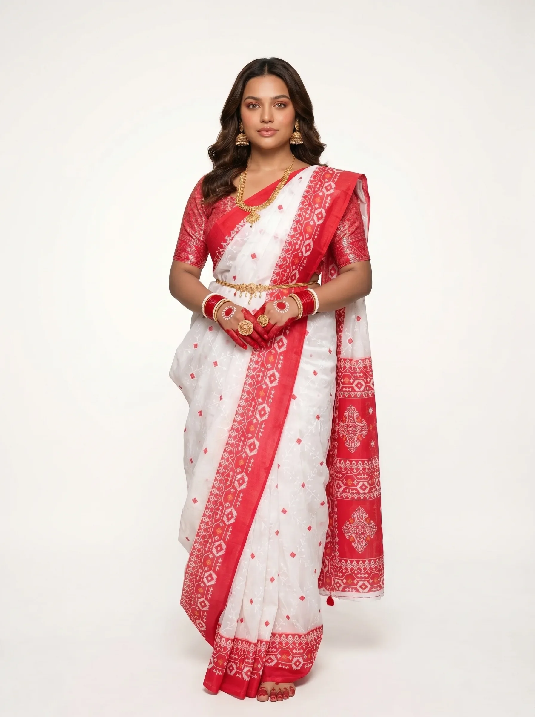 White Cotton Silk Saree with Red Traditional Border