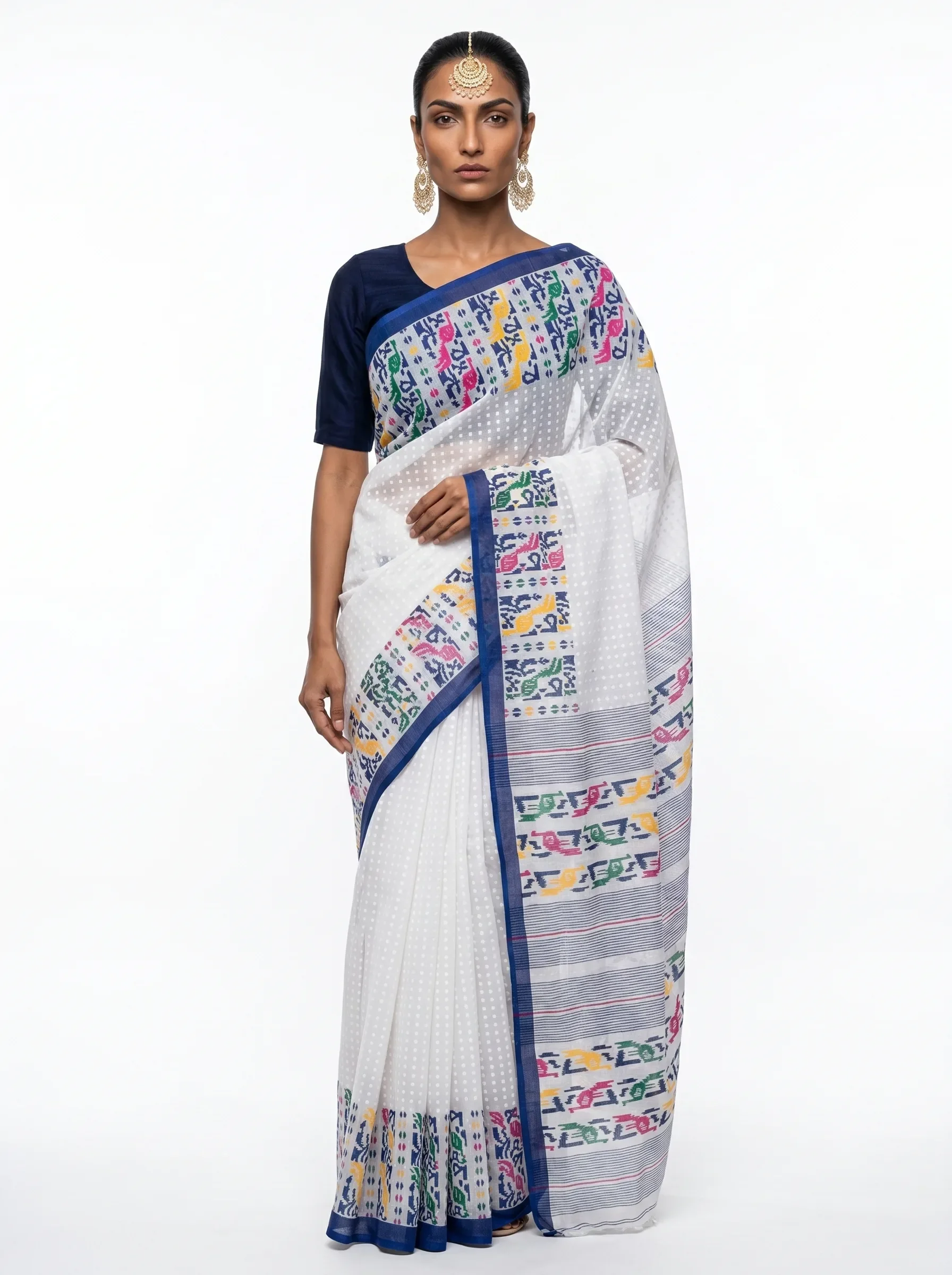 White Printed Cotton Blend Saree – Elegant Ikat Style